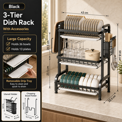 Carbon Steel 2/3-Tier Kitchen Dish Rack & Drying Organizer